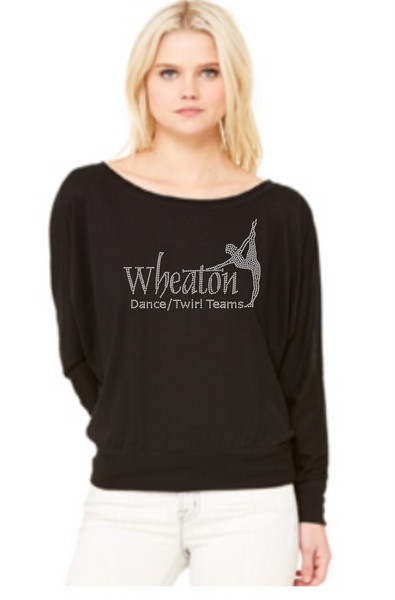 Wheaton Logo Bling Flowy Long Sleeve off Shoulder Shirt Black